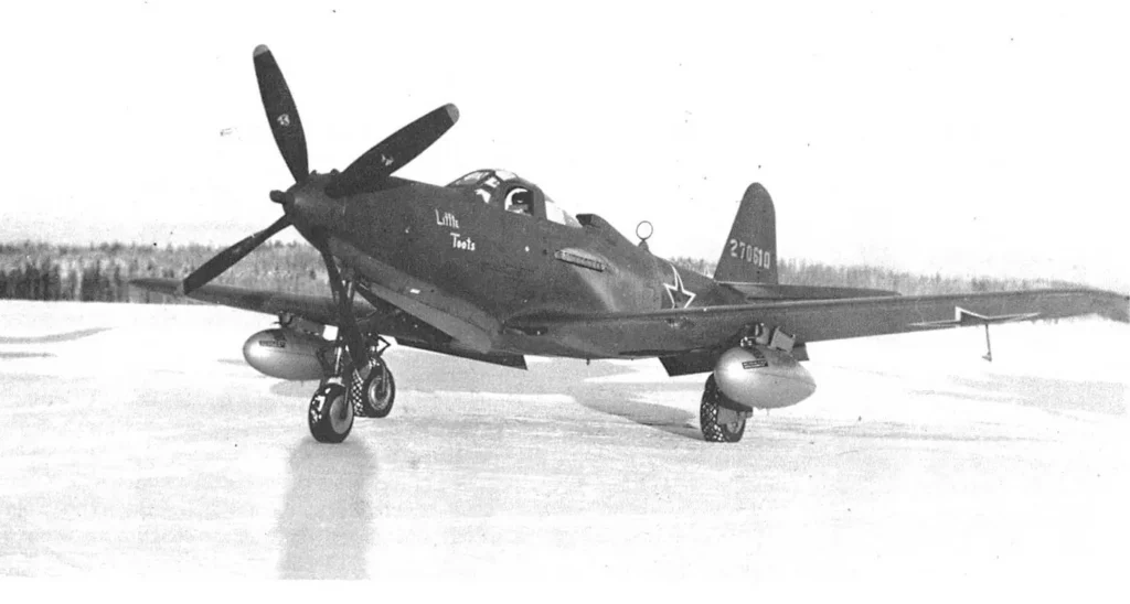 Little Toots, a Bell P-63A Kingcobra with Red Air Force markings, is prepared for delivery as part of the Lend-Lease program to the Soviet Union at Ladd Field in 1944. (U.S. Air Force) 