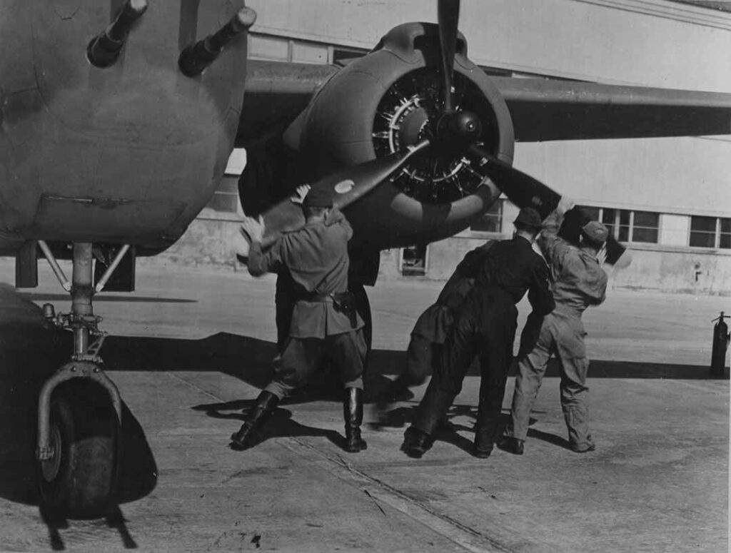 Soviet airmen take possession of a Lend-Lease A-20 Havoc at Ladd Field, 28 August 1944. (National Archives) 