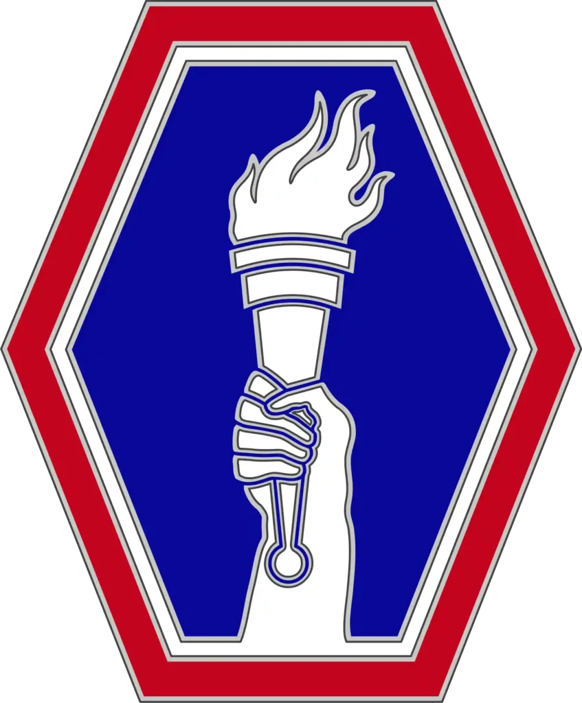 The 442d Regimental Combat Team’s shoulder sleeve insignia (SSI) was that of Lady Liberty holding the Torch of Light in the national colors. The SSI was originally approved for the 442d RCT on 16 December 1943, and cancelled on 6 May 1947. It was reinstated on 16 January 1956. Today, soldiers of the 100th Battalion, 442d Infantry Regiment, wear the insignia as an SSI and a combat service identification badge. (Institute of Heraldry)