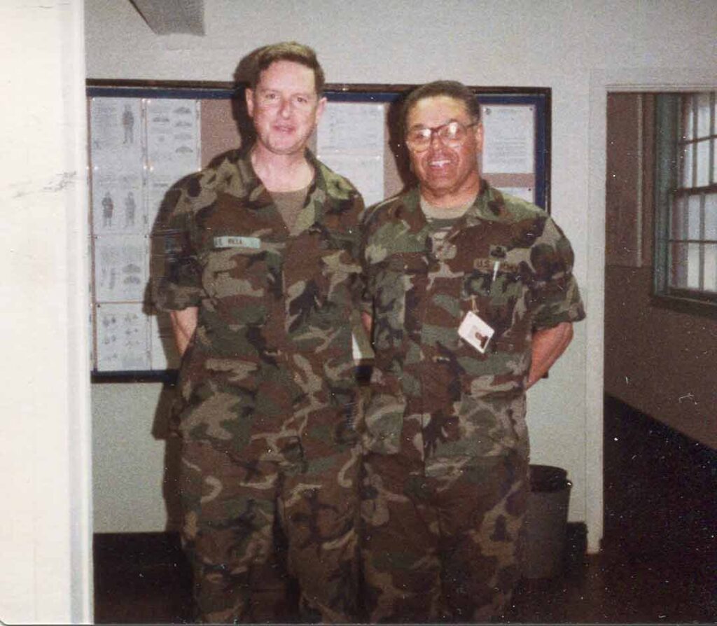 Then-Colonel Raymond E. Bell, Jr. (left), commander of the 5th Psychological Operations Group (5th PSYOP Group) stands with the 5th’s senior noncommissioned officer Command Sergeant Major Howard Drew during the group’s 1983 annual training at Fort Meade, Maryland.