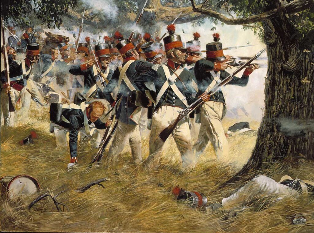 Battle of North Point, a National Guard Heritage Painting by Don Troiani, depicts the 5th Maryland holding the American right flank on 12 September 1814 for two hours of intense fighting at North Point outside of Baltimore. The 5th suffered some 300 casualties before withdrawing in good order. (Courtesy the National Guard Bureau)
