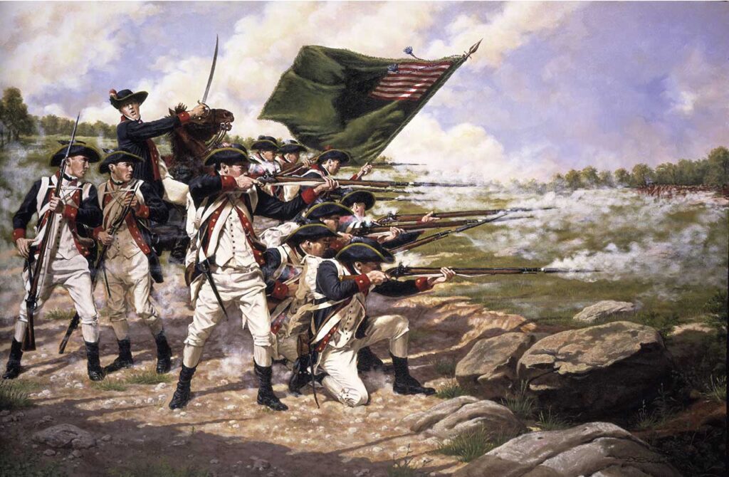 Battle of Long Island, a National Guard Heritage Painting by Domenick d’Andrea, depicts the Delaware Regiment fighting alongside the 1st Maryland Regiment. (Courtesy the National Guard Bureau)