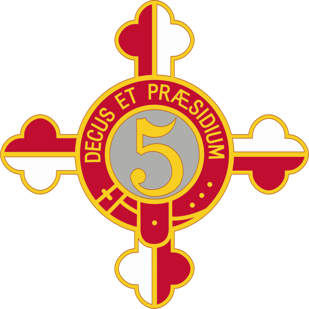 The distinctive unit insignia of the 175th Infantry Regiment was approved by the Army on 9 July 1958. The red represents the uniform of the Baltimore Independent Cadets; Decus Et Praesidium, the regiment's motto, translates to "An Honour and a Guard." The belt is heraldry of knighthood, and the gray is for the skies of Normandy during World War II. The insignia itself is the Crossland Arms design, the maternal tree of George Calvert, first Baron of Baltimore. (Institute of Heraldry)