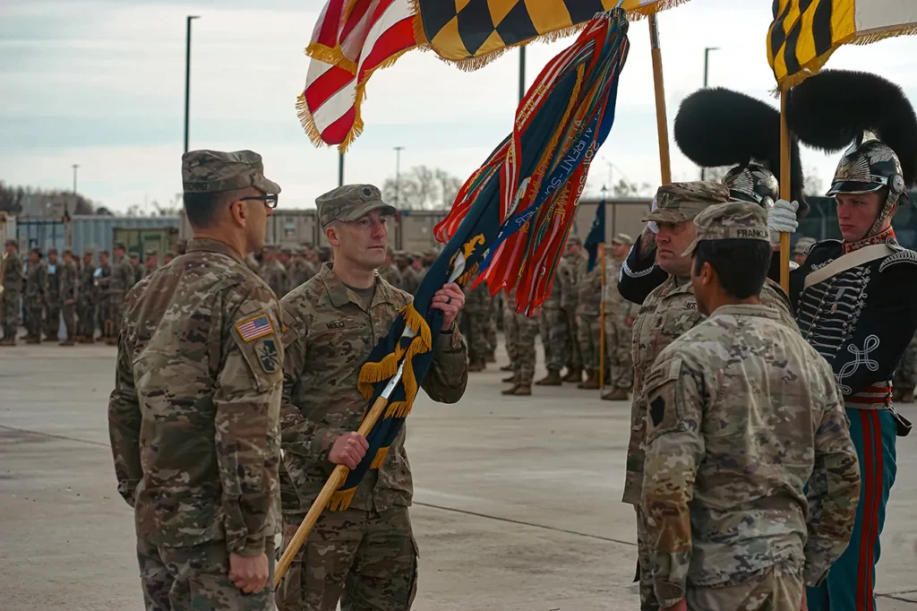 1-175 IN performs a Pass in Review for the 250th anniversary of the founding of the Baltimore Independent Cadets at the Dundalk Readiness Center, Maryland, 7 December 2024. (U.S. Army National Guard photograph by Specialist Tyrell Boyd)