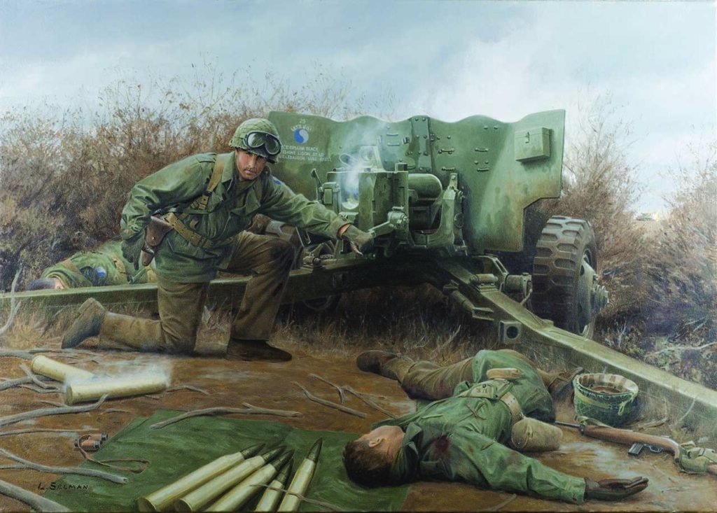Lightning at Bourheim, a National Guard Heritage Painting by Larry Selman, shows Technical Sergeant Joseph “Lightning Joe” Farinholt single-handedly taking on a German armored column with a 57mm antitank gun near Bourheim, Germany, 26 November 1944. Farinholt would earn a fourth Silver Star for his actions at Bourheim, but he was seriously wounded in the process. (Courtesy the National Guard Bureau)
