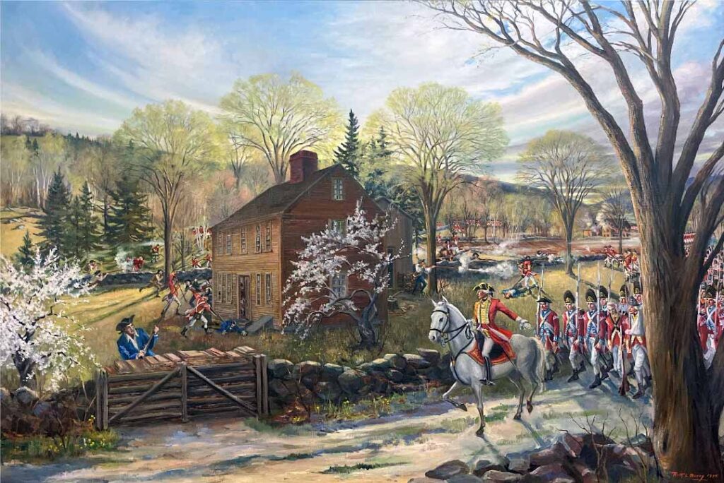 Oil painting that shows British troops in red coats marching along a dirt road in the foreground. They walk along a fence made of large stones and approach a wooden gate that has been barracaded by piles of wood with a militia man dressed in a blue coat behind the gate. In the background is the Jason Russell House which is a three story brown house surrounded by British troops in red . In the background are green trees just starting to flower from the beginning of spring.