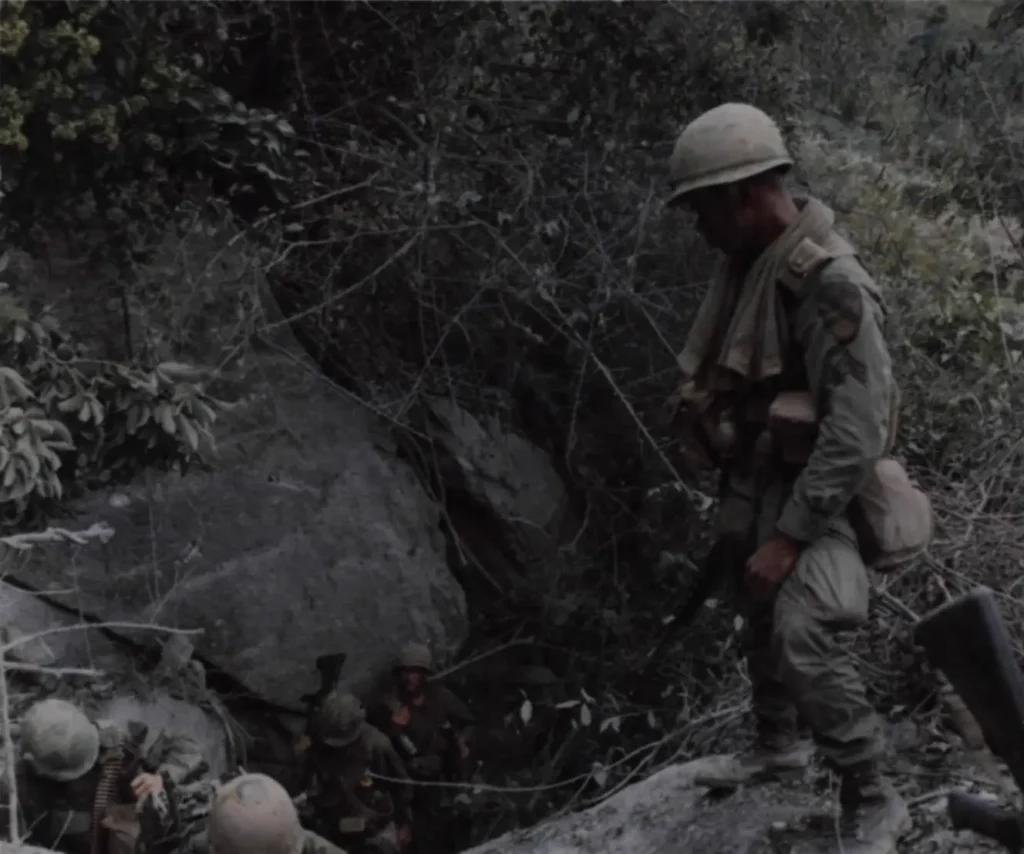 Soldiers of 2d Battalion, 8th Cavalry Regiment, 1st Brigade, 1st Cavalry Division (Airmobile), Miller’s first unit in Vietnam, conduct a search and destroy mission near Base Camp English, approximately forty miles northeast of An Khe, in March 1967. (National Archives) 